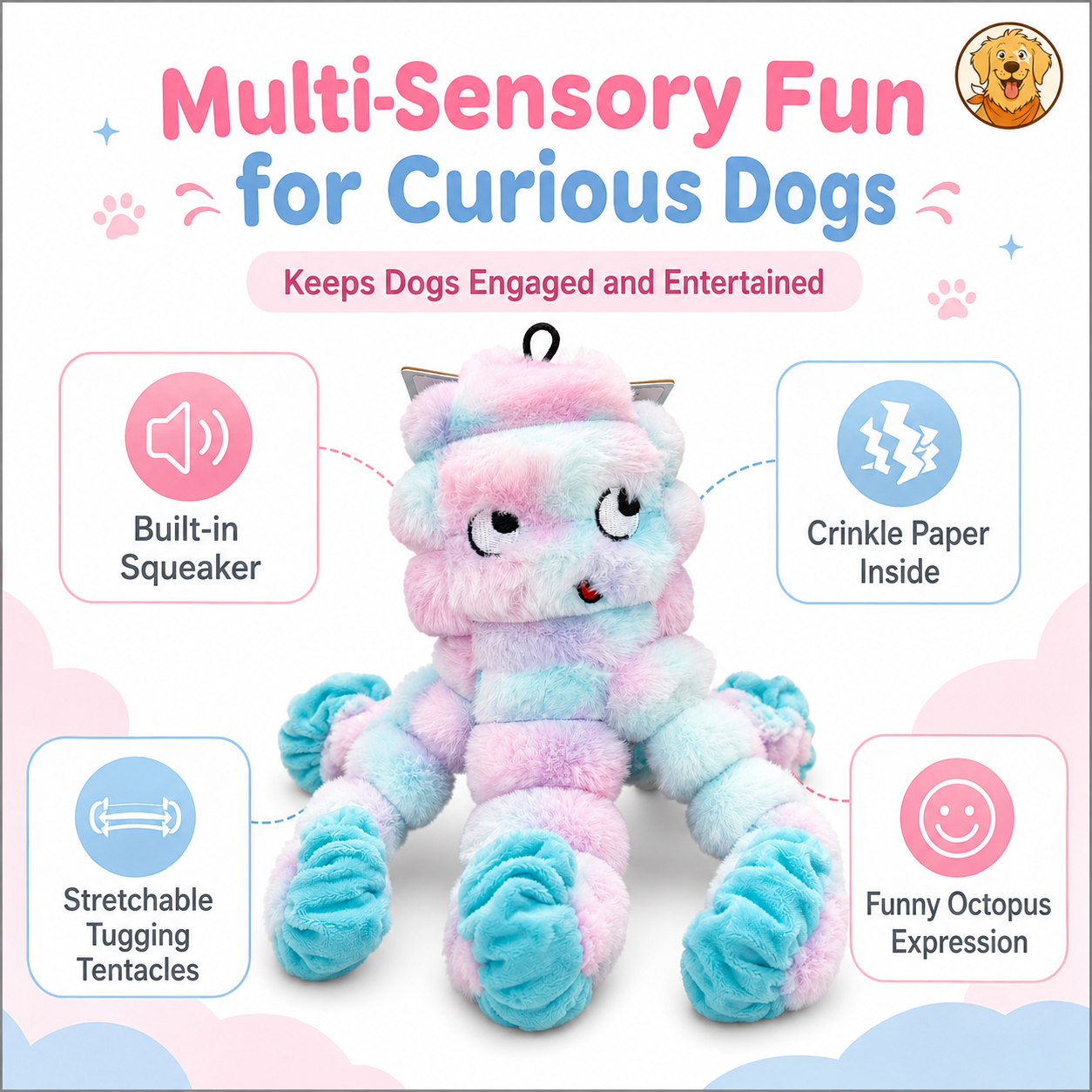 Hoomate Crinkle Stretch Octopus Dog Toy Adjustable Dog Toy Rope – Interactive Tug Toy for Indoor Dogs | Summer Must-Have & Limited Deals