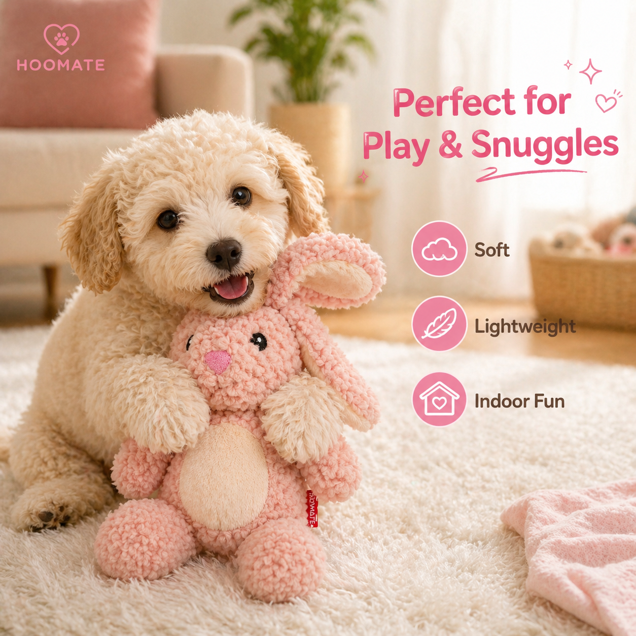 Hoomate Squeaky Fluffy Bunny Dog Toy (Blush Pink)